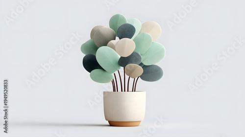 3D stylized semi-real potted plant with rounded stylized leaves, simple cylindrical pot. Soft subsurface leaf shading. Solid light neutral background.