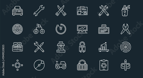 Set of various tool icons on dark background