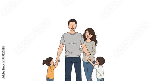 Happy Family with Two Children Holding Hands.