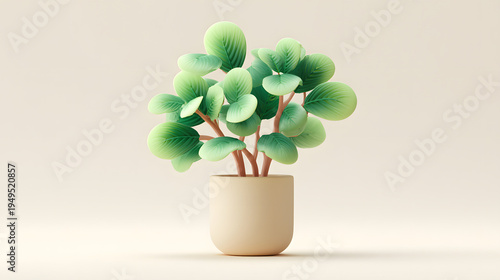 3D stylized semi-real potted plant with rounded stylized leaves, simple cylindrical pot. Soft subsurface leaf shading. Solid light neutral background.
