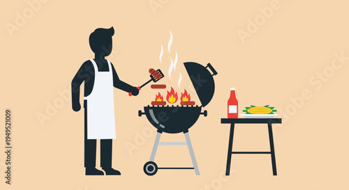 Man Grilling Meat on Barbecue Outdoor.