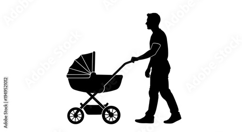 Man Pushing Baby Stroller Silhouette Illustration.