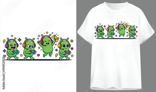 Five green cartoon aliens wearing headphones and holding game controllers, vector graphic for t-shirts, video game t-shirt design