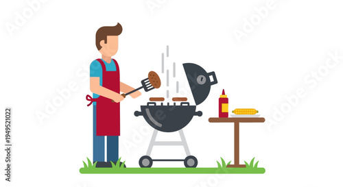 Man Grilling Food on Barbecue Outdoor.