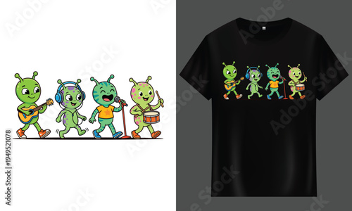 Lineup of alien characters, transitioning from traditional attire to futuristic robot suits, representing evolution or change, science fiction, sci fi t-shirt design