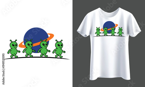 Group of green cartoon aliens walking in front of a planet with rings, illustration for t-shirt design, outer space t-shirt design