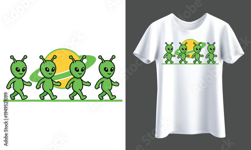Four walking green cartoon aliens in front of a yellow planet and orange ring, vector illustration, outer space t-shirt design