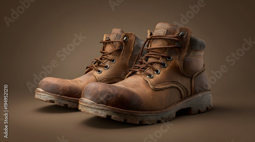3D stylized semi-real rugged work boots, slightly exaggerated sole thickness. Realistic leather material. Solid muted brown background.