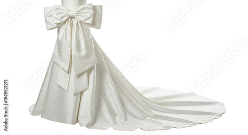 Elegant bridal gown with oversized bow and flowing train, luxury fashion, wedding dress