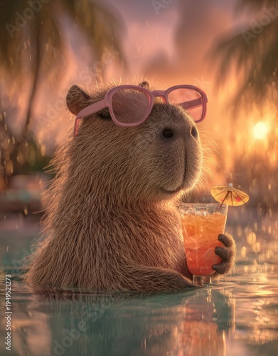 Capybara enjoys a cocktail by the pool at sunset under bright colors with summer vibes and cinematic lighting in a cartoon style