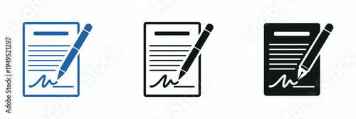Signature Icon Set with Pen Signing Contract Symbols, Business Management and Legal Agreement Icons Collection for Document Approval, Authorization, Digital Signature and Office Workflow Vector