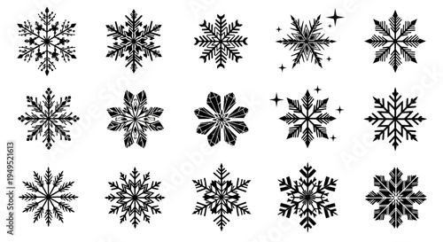 Set of 15 Black Snowflake Icons on White Background - Winter Holidays and Christmas Design Elements