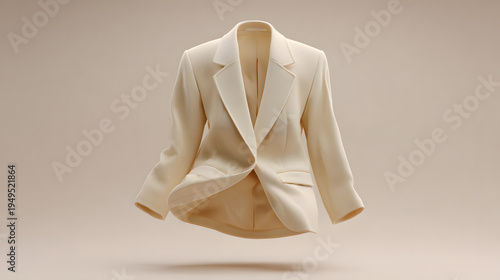3D stylized semi-real tailored blazer displayed floating in neutral pose. Clean seams, subtle fabric folds. Solid soft beige background.