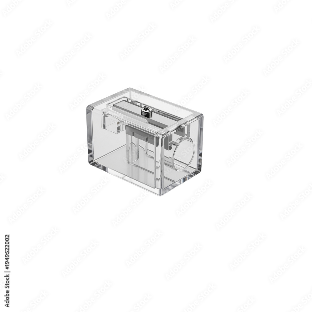 Obraz premium Transparent plastic pencil sharpener simple office supply for school and art isolated on white backg