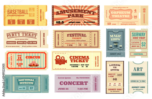 Vintage cinema ticket set with stamps and postmarks illustration