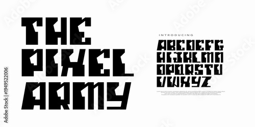 Bold creative display font with pixel inspired block style, perfect for posters, gaming design and digital artwork. vector illustration