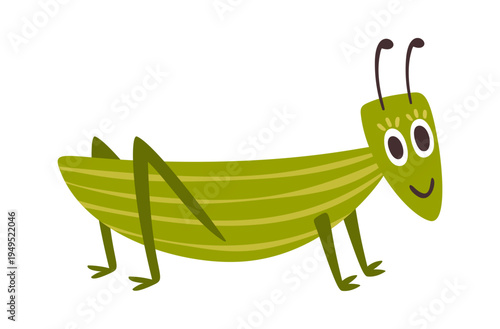 Funny green grasshopper smiling character