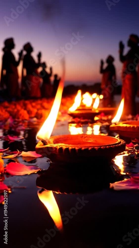 Lit earthen lamps float with flowers during spiritual ritual at dusk