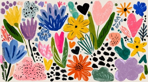 Colorful doodles of flowers, hearts, and clouds in playful design with pastel colors and bold lines on white background for creative projects