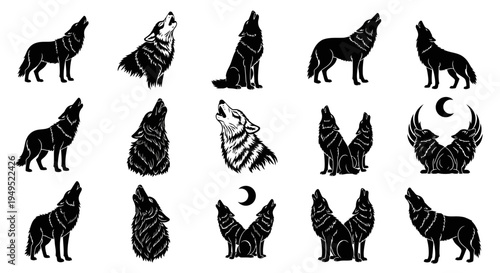 Set of Howling Wolf Silhouettes with Moon and Crescent Symbols
