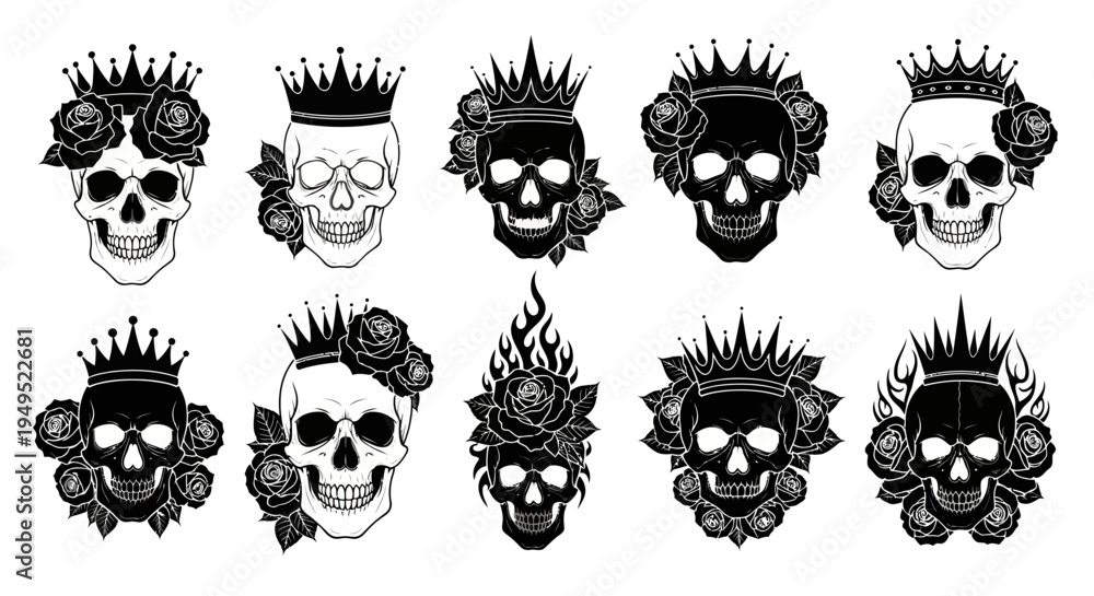 Fototapeta premium Skull Crown Rose Tattoo Vector Set - Black and White Gothic Art Collection