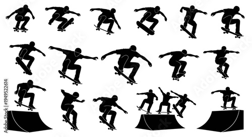 Skateboarder Silhouette Collection: Dynamic Tricks and Jumps on White Background