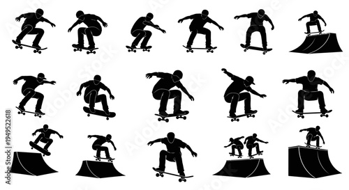 Skateboarder Silhouette Collection: Dynamic Action Poses and Tricks on Ramps