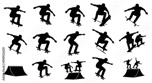 Skateboarder Silhouettes: Dynamic Action Poses and Skate Park Ramps