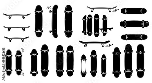 Skateboard Collection: Various Styles and Angles - Black and White Graphic
