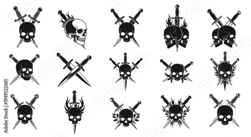 Skull and Swords Vector Icons Set: Grunge, Gothic, and Tattoo Style Graphics