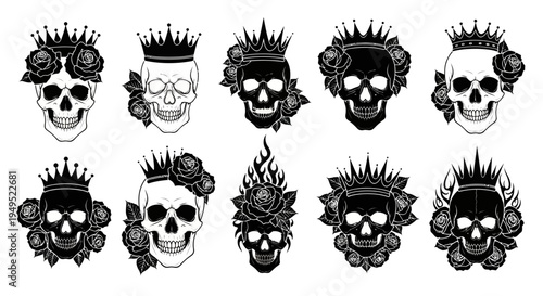 Skull Crown Rose Tattoo Vector Set - Black and White Gothic Art Collection