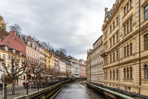 Karlovy Vary, Czech Republic, 01-01-2025, a thermal mineral bath spa city located at the Ohre and Tepla river, part of Unesco, Neo Renaissance and Neo Baroque building architecture style