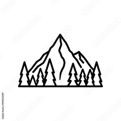 Black line drawing mountain landscape icon.