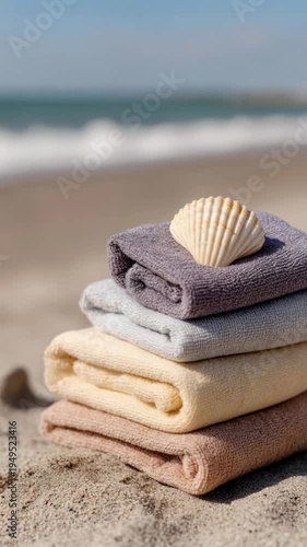 Serene beach vibes: stacked towels with seashell by the ocean