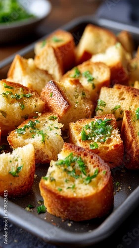 Freshly baked garlic bread with herbs on rustic tray in kitchen setting