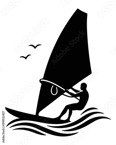 Windsurfing Silhouette Vector Illustration - Man Riding Ocean Waves