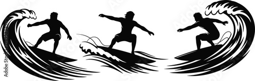 Silhouette of three surfers riding waves in unison