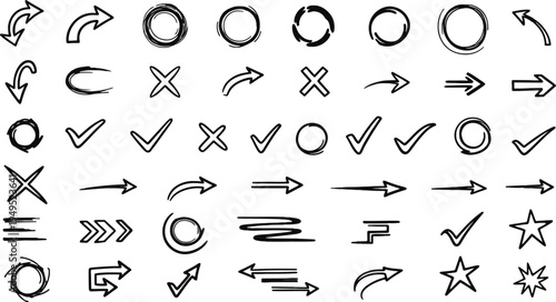 Hand drawn symbols and arrows on white background