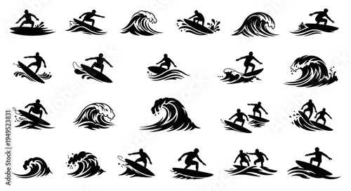 Surfing Silhouette Collection: Dynamic Waves and Action Sports Icons