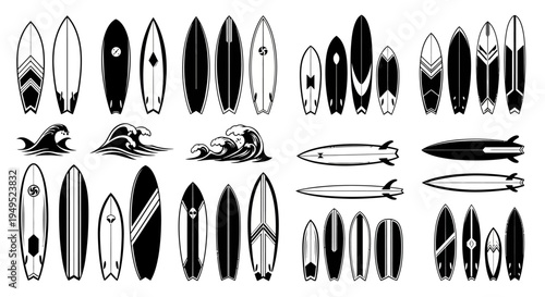 Surfboard Collection: Variety of Surfboards and Ocean Waves Icons