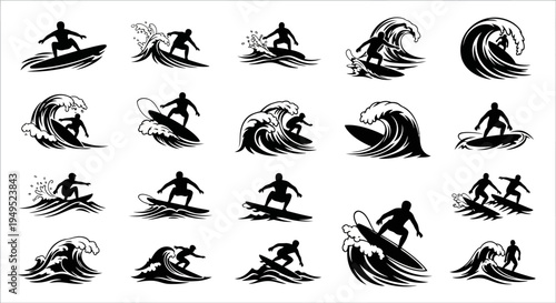 Surfing Silhouette Collection: Dynamic Waves and Athletic Surfers in Action