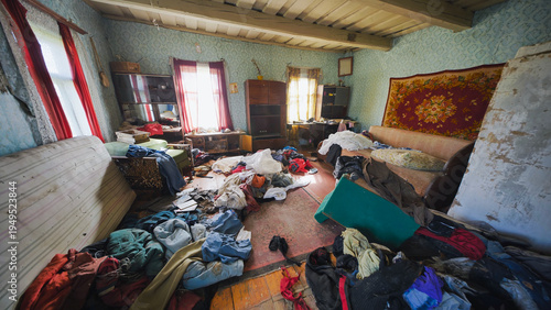 Billede på lærred Cluttered interior showing disorganization and neglect in a messy abandoned room