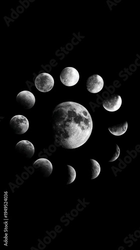 Moon phases arranged in a circle on a black background show the beauty of nature's cycle with clear shapes and contrasts