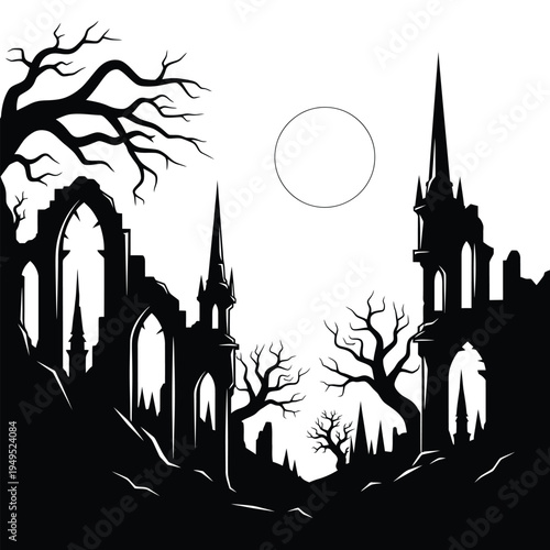 Abandoned Gothic Architecture Silhouette Landscape.