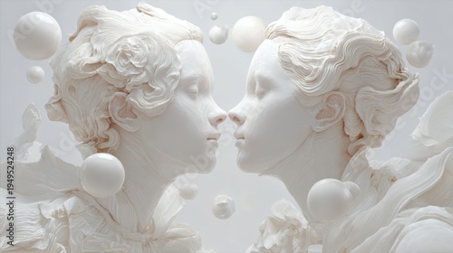 Gemini twin spirits forming from sculptural alabaster in a luminous setting with detailed textures and ethereal elements