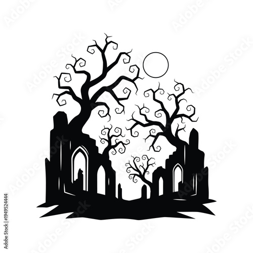 Black silhouette of old castle ruins.