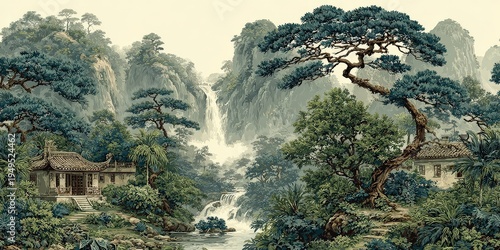 Traditional asian landscape painting with misty mountains river and house