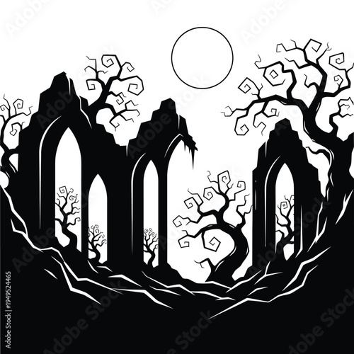 Black silhouette of ruined gothic arches.