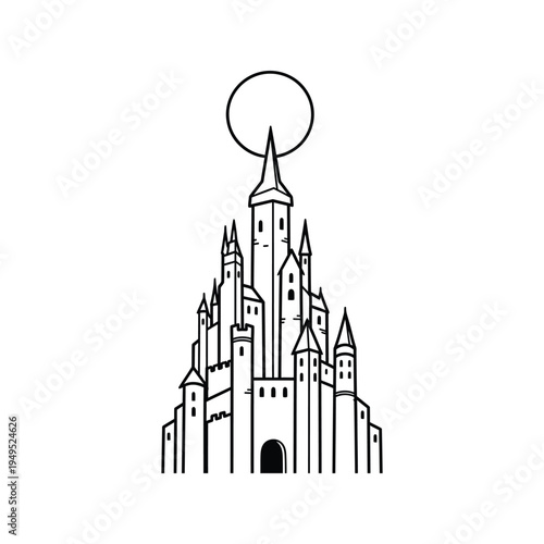 Fantasy castle with tall spires rising.