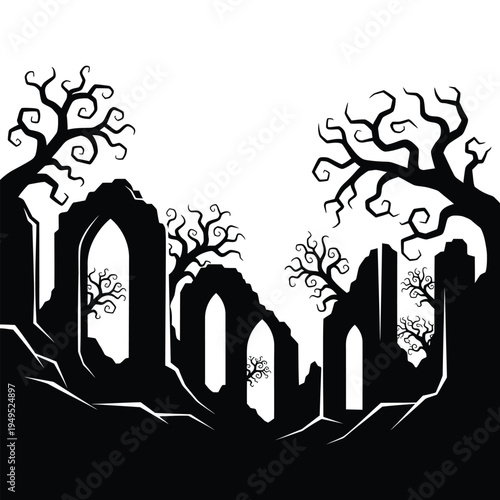 Black silhouette of ruined gothic castle.